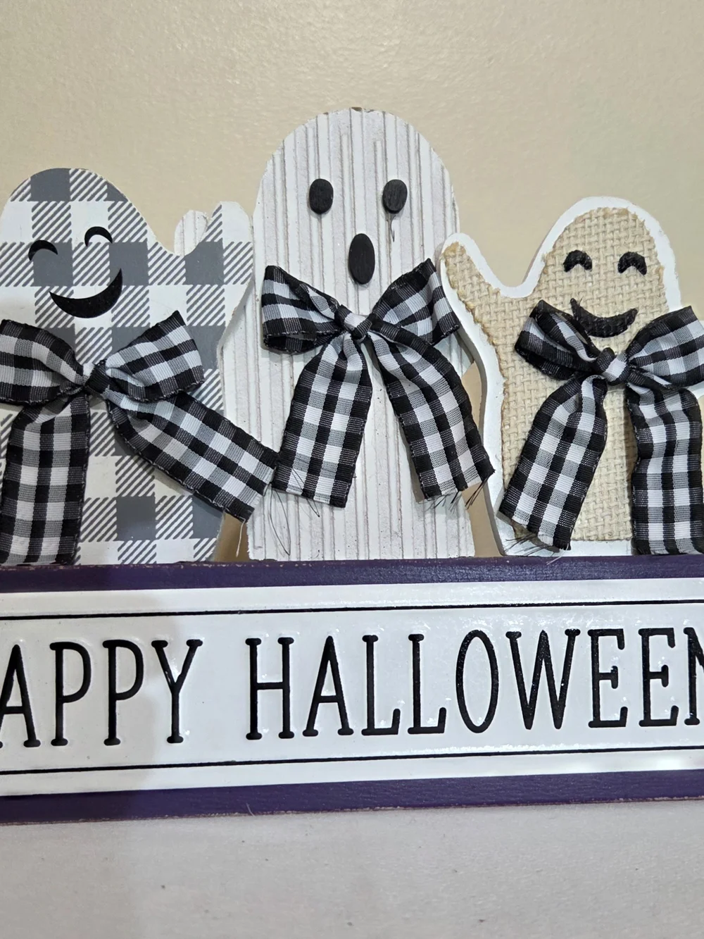 Festive Black & White Ghost Halloween Wood Block Sign Purple, White, And Grey